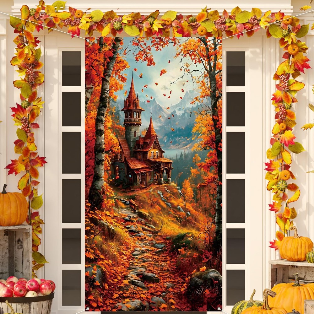 Fall Banner Door Cover,Leaves Castle Decor Thanksgiving Orange