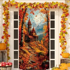 Fall Banner Door Cover,Leaves Castle Decor Thanksgiving Orange