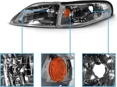 for 1994-1998 Ford Mustang Gun-Metal Replacement Headlights Corner Turn Signal S