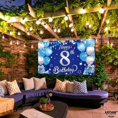 XtraLarge Silver and Blue Happy 8th Birthday Banner – 72×44 Inch | 8th Backdrop