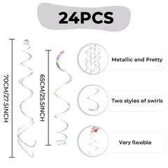 24PCS Iridescent Hanging Swirls,Holographic Ceiling Decorations,Plastic Streamer