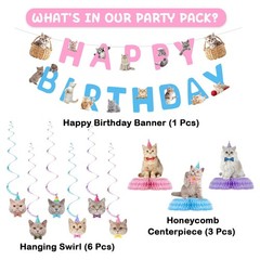 16 Pcs Cat Birthday Party Supplies – Happy Birthday Banner, Hanging Cutouts & De