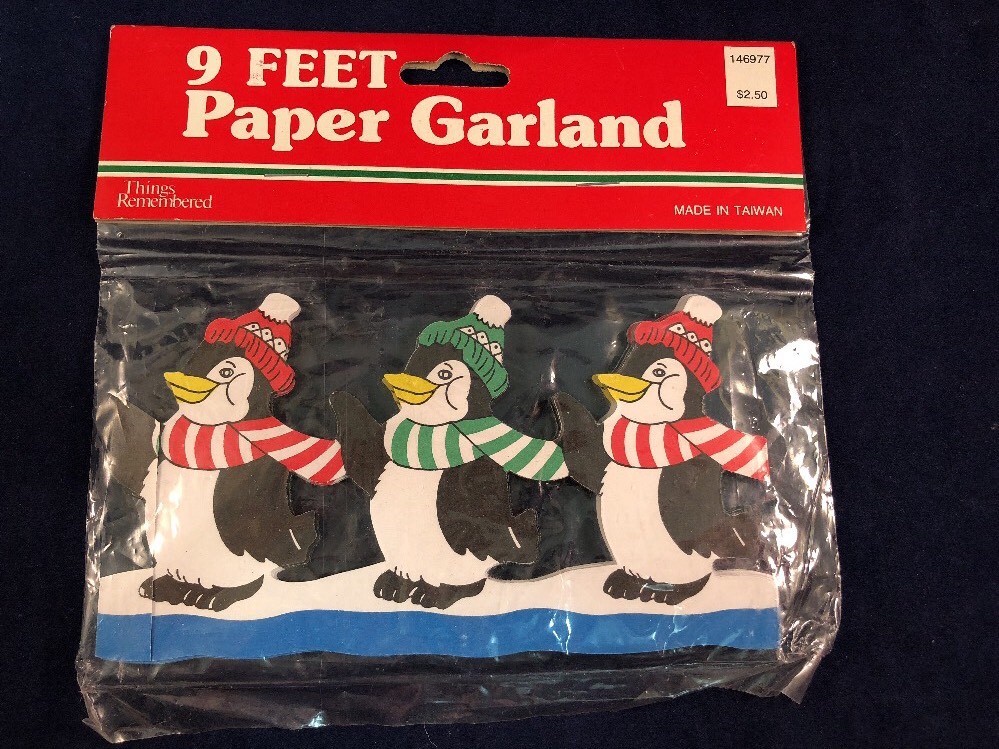 Vintage Waving Penguins Scarfs Hat 9′ Paper Garland Taiwan Things Remembered NIB