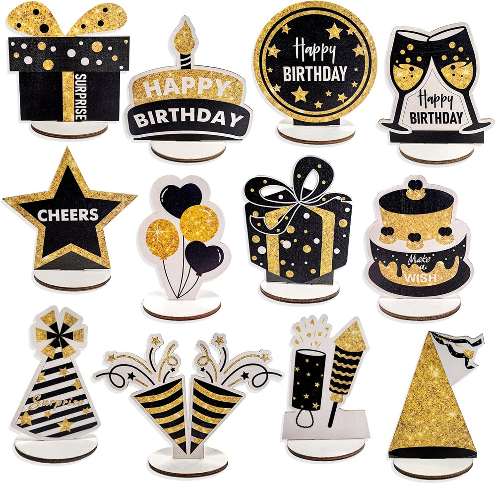 Happy Birthday Table Decorations & Centerpieces – 12-Piece Black & Gold Wooden G