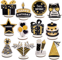 Happy Birthday Table Decorations & Centerpieces – 12-Piece Black & Gold Wooden G
