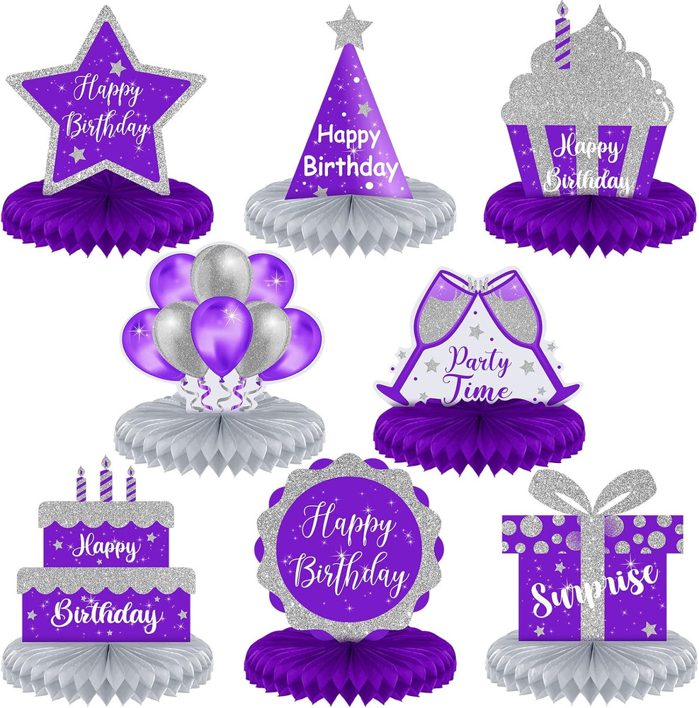 8 Pcs Purple and Silver Birthday Centerpiece Table Decoration, Happy Birthday Ho