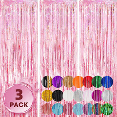 Voircoloria 3 Pack 3.3×8.2 Feet Laser Pink Foil Fringe Backdrop Curtains, Tinsel