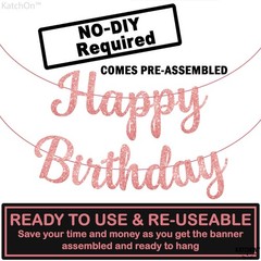 Glitter Rose Gold Cursive Happy Birthday Banner PreStrung 10 Feet | Pink Hap…