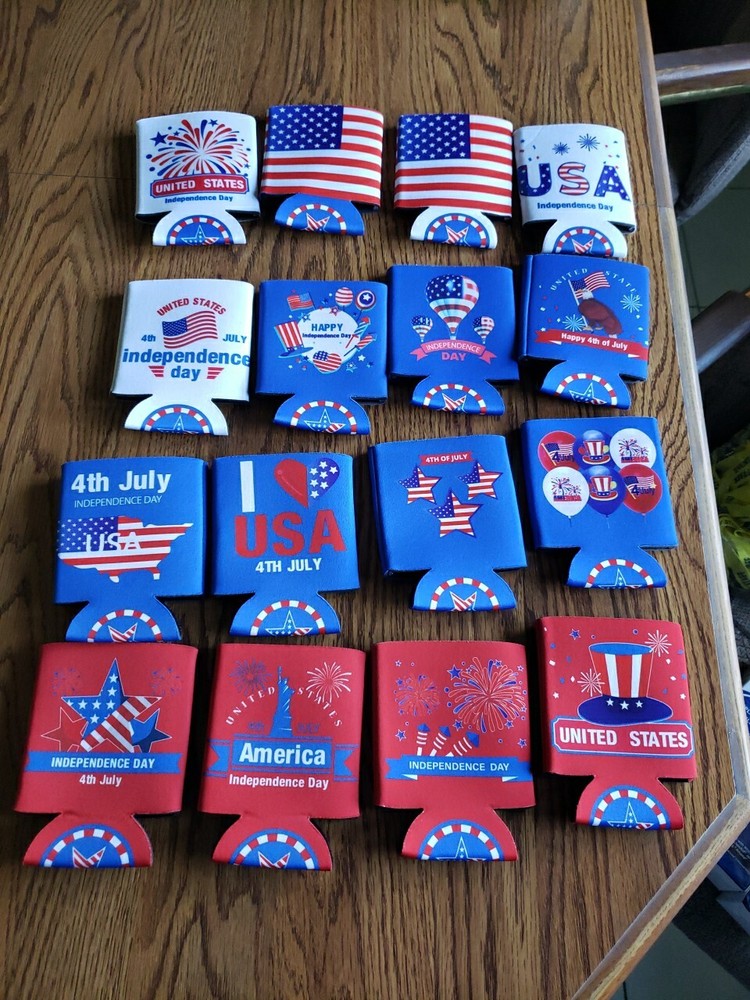 4th Of July 16 Cooler Sleeves for Cans Bottles Independence Day Cover Patriotic