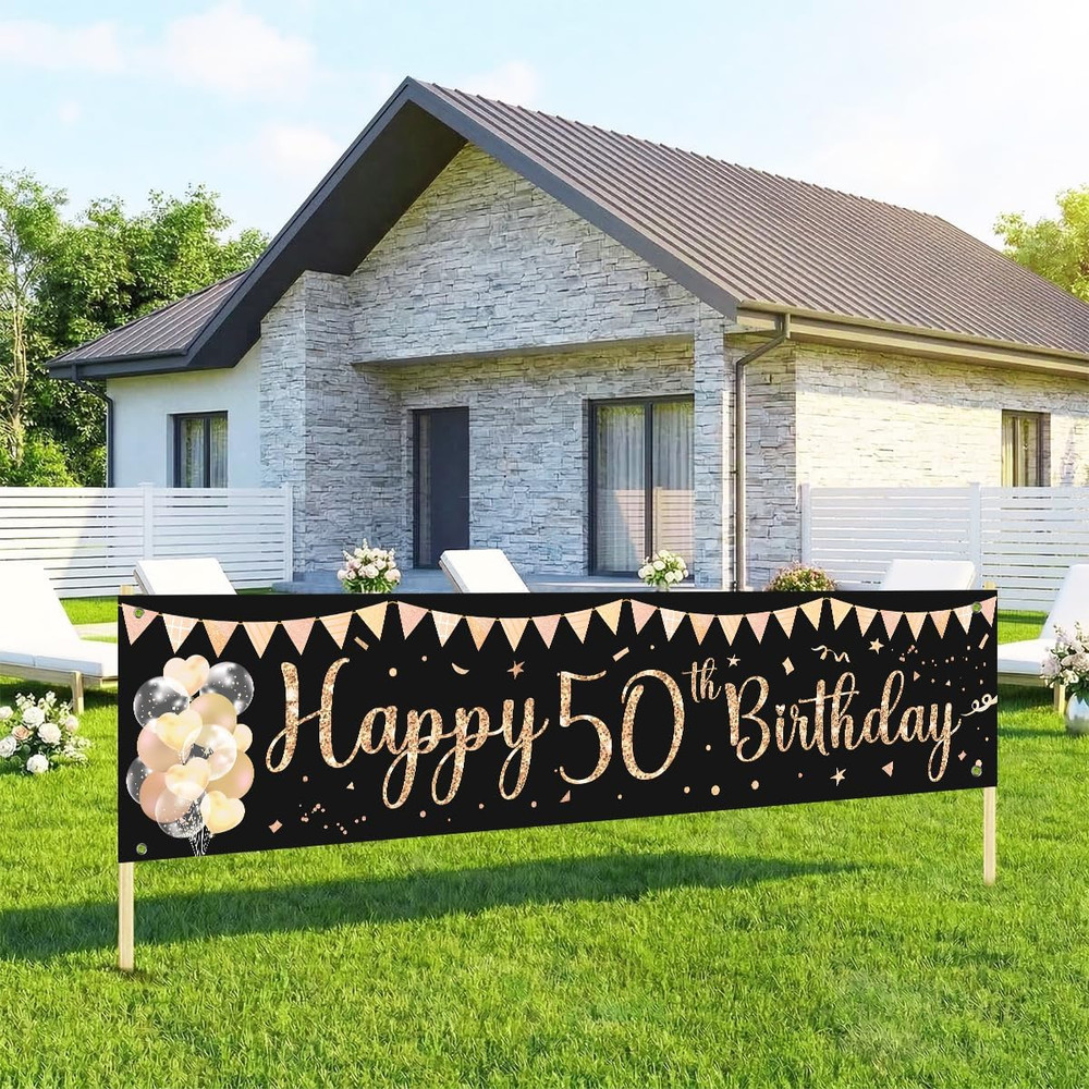 Happy 50Th Birthday Banner Sign Black Gold Glitter 50 Years Old Birthday Party H