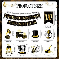 Hokinaa 20s Roaring Party Decorations – 10Pcs Pre-Strung Black and Gold