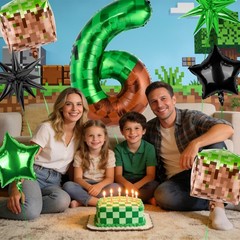 40 Inch Green Pixel Miner Number 6 Balloon Set, 7Pcs MIning Large Foil Balloo…
