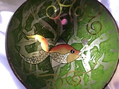 3 Coconut Shell Bowls Hand Painted Dragonflies Lotus Flower Gold Fish Luau Party