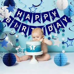 Blue Happy Birthday Decorations, Happy Birthday Banner with Honeycomb Balls