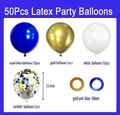 Royal Blue and Gold Balloons, 50 Pcs 12 Inch Royal Blue Metallic Gold Whtie Late