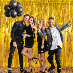 Gold Foil Fringe Backdrop Curtains – 2 Pack Tinsel Streamers for Events