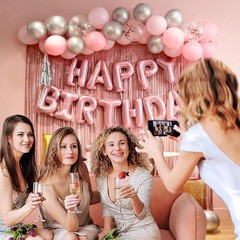 Pink Birthday Decorations Set with Banner, Balloons, and Fringe Curtains