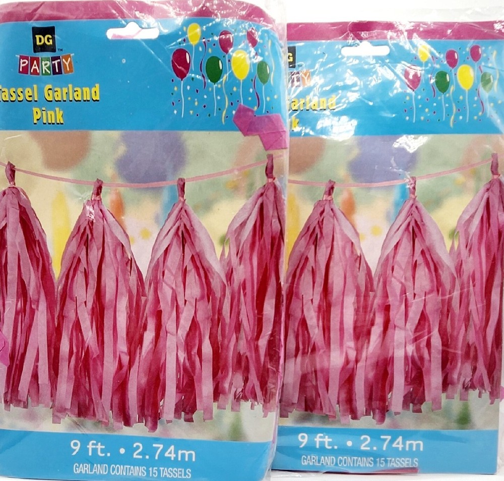 (LOT OF 2) 9 Foot Dark Pink Tassel Garland, 15 Tassels With Tie Offs, BRAND NEW