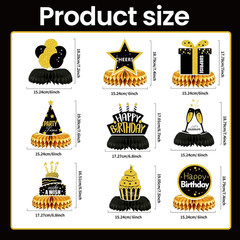 9 Pieces Birthday Table Decorations, Black and Gold Happy Birthday Honeycomb Cen
