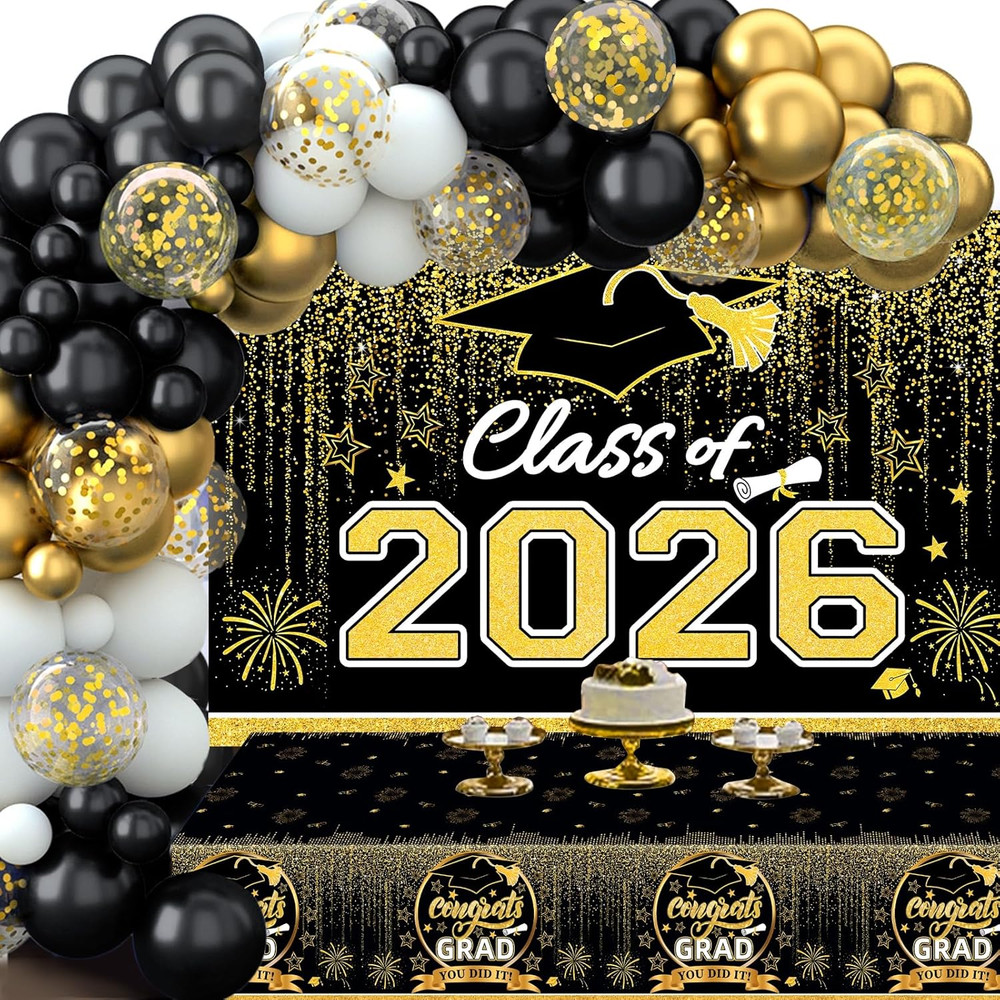 Graduation Decorations 2026, Black and Gold Balloon Garland Arch, Black and Gold