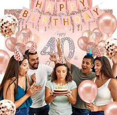 40th Birthday Decorations Party Kit Rose Gold Balloons Tiara Sash Backdrop