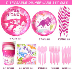 204 Pcs Three Rex Birthday Party Decorations Girl, Dinosaur 3Rd Birthday Party