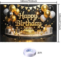 Luxurious Black Gold Happy Birthday Backdrop 70.8 x 47.2 Inch,