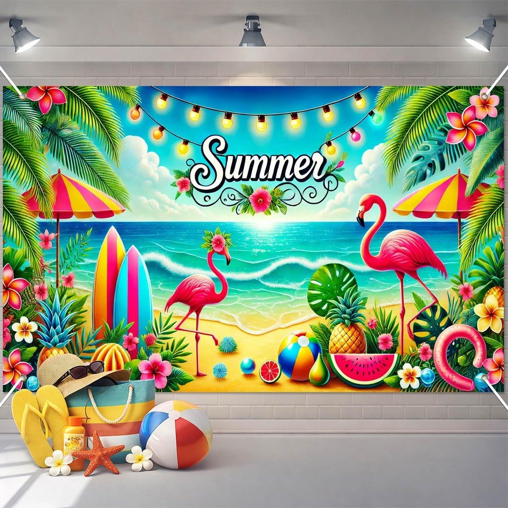 Summer Beach Banner 71×43 Inches Summer Backdrop Beach Party Decorations Hawa…