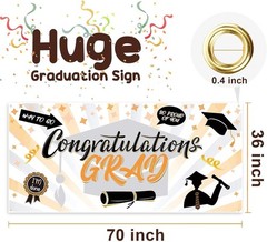 Congratulations Grad Banner – White, Orange, Black Party Decor
