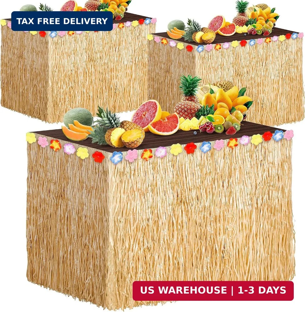 3 Packs Hawaiian Luau Grass Table Skirt 108 x 30 Inch Tropical Hibiscus Luau Par