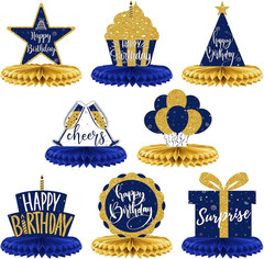 8 Pieces Blue Gold Happy Birthday Table Decorations Happy Birthday Honeycomb Cen