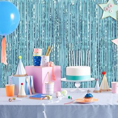 Blue Foil Curtain Backdrop Metallic Tinsel Fringe Streamer 3.2×6.6 Ft 6 PCS