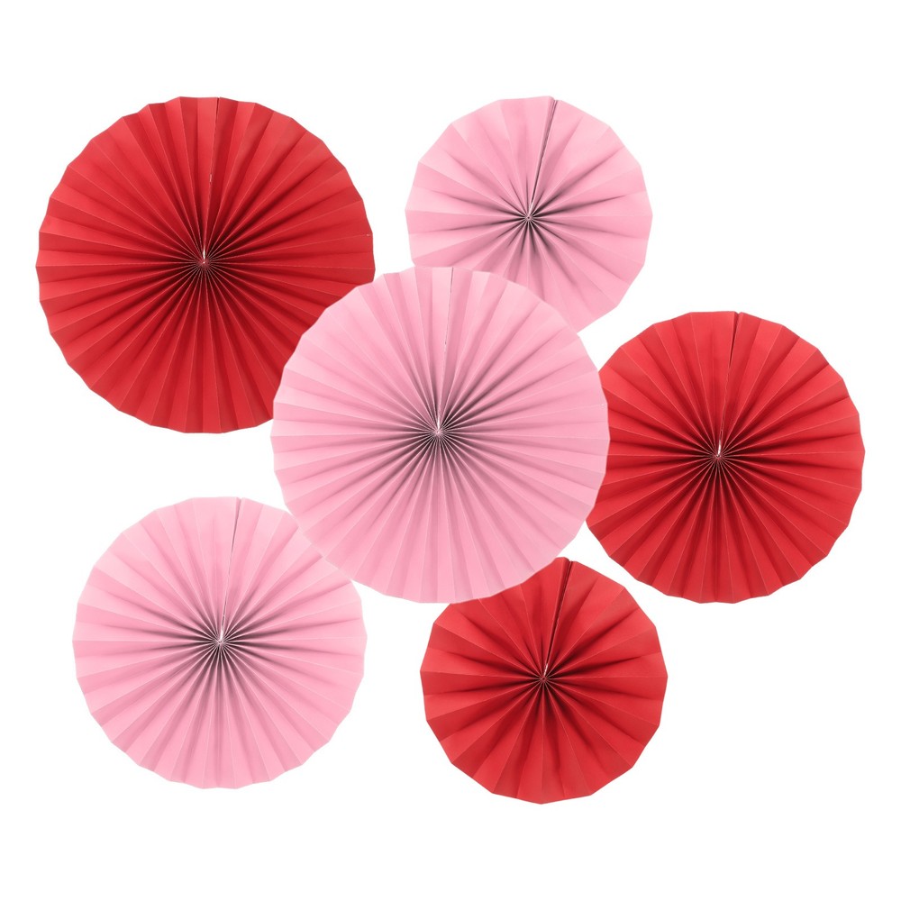 6Pcs 8″/12″/16″ Paper Fans Hanging Decoration Round Fans with Pearl Red/Pink