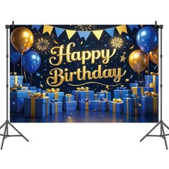 Blue Gold Happy Birthday Backdrop Banner 70.8 x 47.2 Inch,