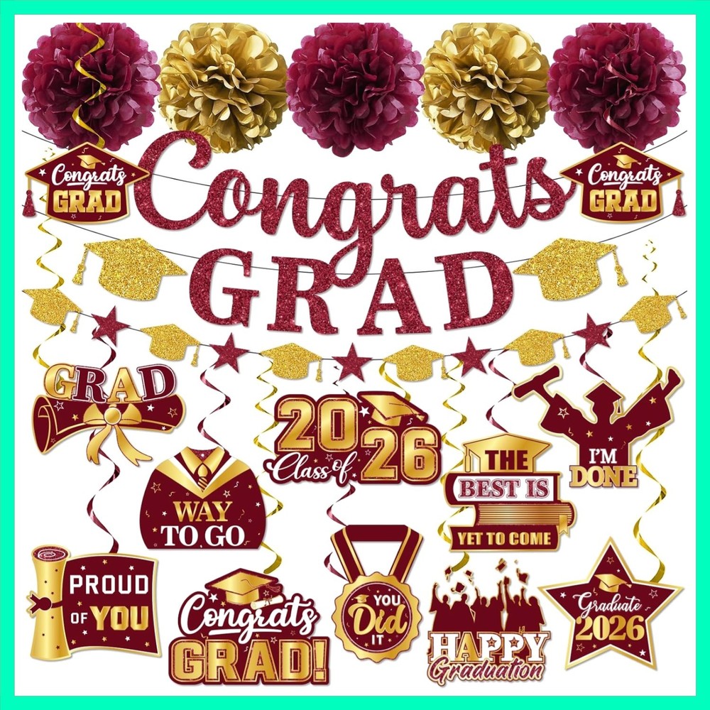 Maroon Graduation Decorations 2026, Glitter Congrats Grad Banner Hanging Swir…