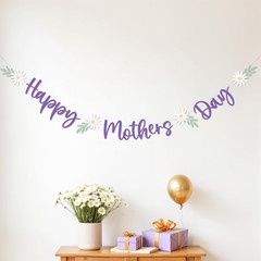 Happy Mothers Day Banner White Flowers Pastel Purple Garland Lavender Letter Sig