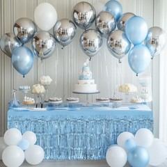 2 Pack Light Blue Table Skirts, 29×108″ Metallic Foil Tinsel Fringe Table Ski…