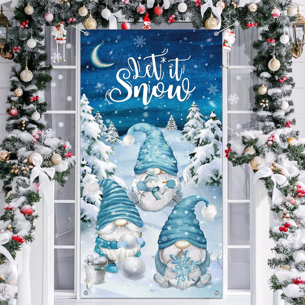Let It Snow Winter Gnomes Fabric Wall Decoration, 71 X 35 Inches – Snowman and S