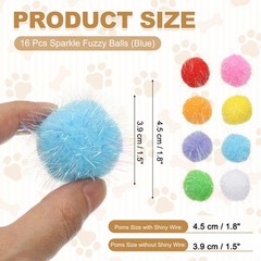 16Pcs 1.8 Inch Sparkle Flash Balls Pet Cat Pom Pom Fuzzy Balls Blue