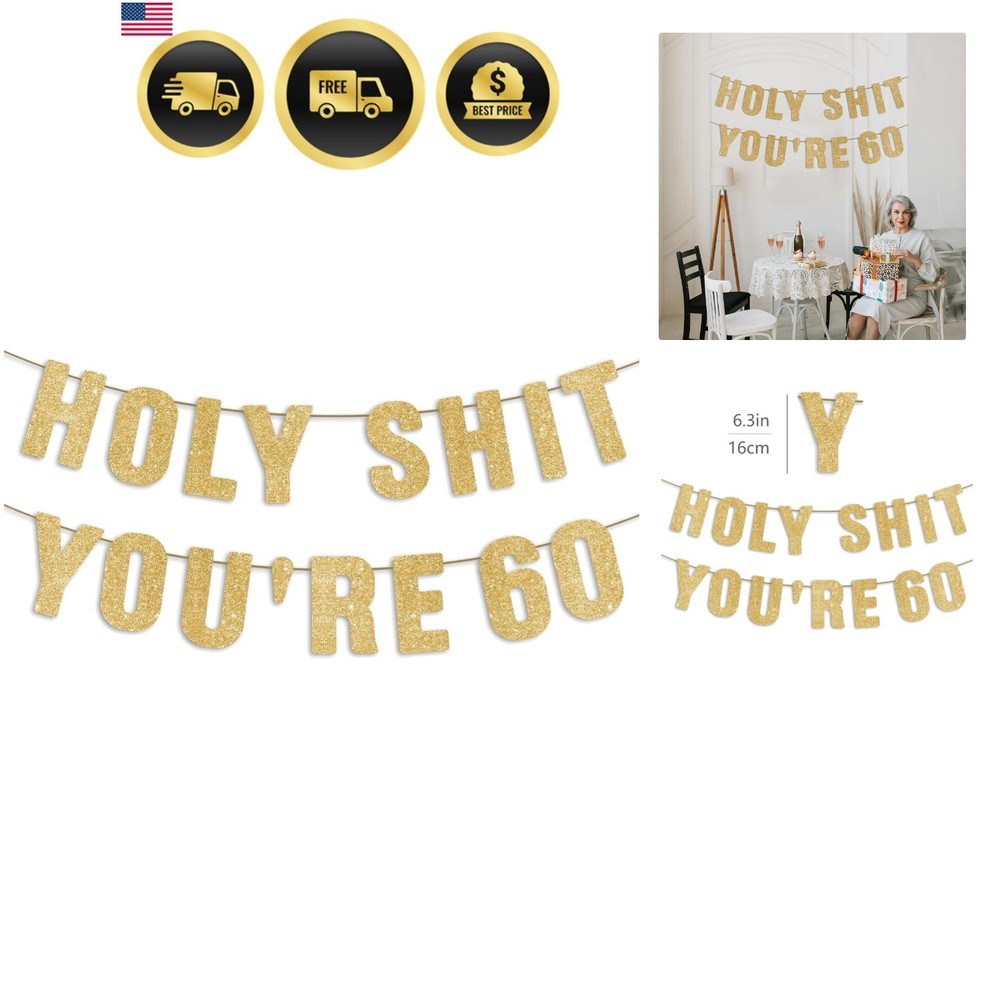 Pre-Strung 60th Birthday Banner – Gold Glitter, 60th Birthday Decorations for…