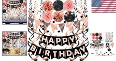 Complete Rose Gold Black Birthday Celebration Kit – Bunting, Honeycomb & Swirls