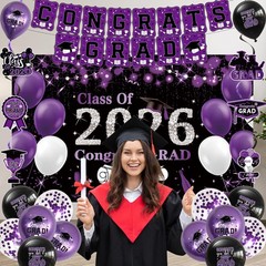 Black Purple Graduation Party Decorations, Purple Class of 2026 Graduation Ba…