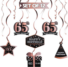 Happy 65th Birthday Decorations – 12Pcs Birthday Black & Rose Gold Swirls Stream