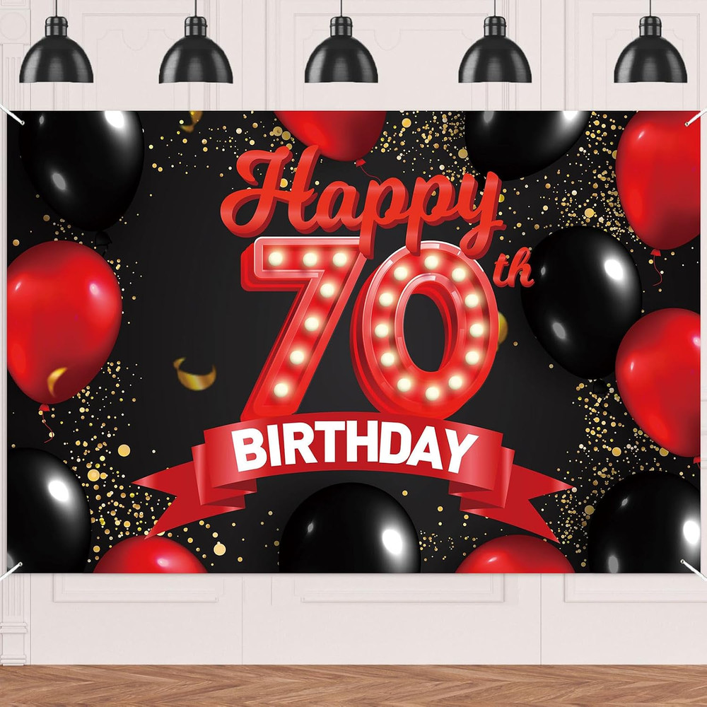 Happy 70Th Birthday Red and Black Banner Backdrop Decorations Balloons Theme Dec