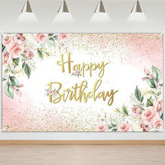 Avezano Rose Gold Birthday Backdrop for Women Pink Floral Golden Flash Happy Bir