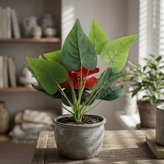 Artificial for Red Hot Poker Plant with Green Leaves for Table Centerpiece