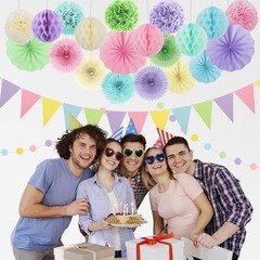 Pastel Party Decorations Hanging Paper Fans Pom Poms Macaron 24 PCS