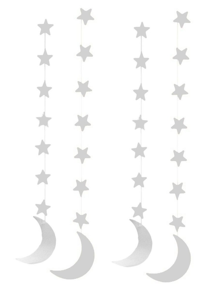 Silver Crescent Moon Hanging Eid Islamic Holiday Decoration (4 Pack)
