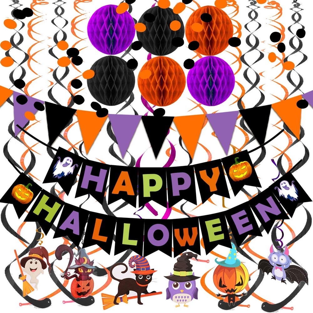 Happy Halloween Banner Paper Triangle Flag Bunting Circle Black,orange,purple