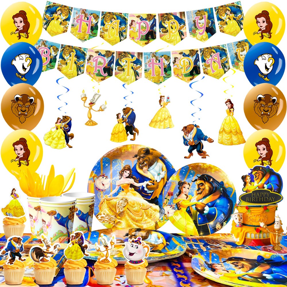 117 Pcs Disney Beauty and The Beast Party Supplies Belle Princess Banner Balloon